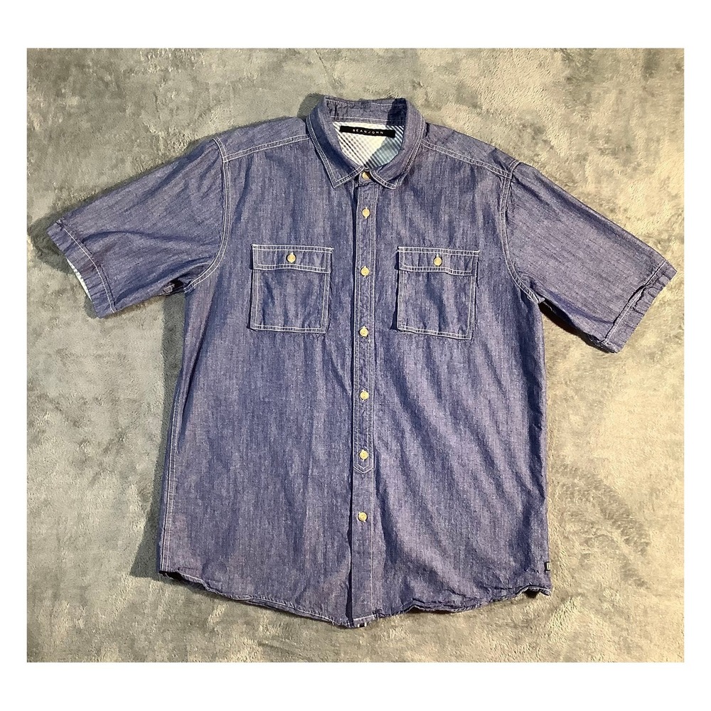 Sean John Denim Short Sleeve Shirt XL Blue Casual‎